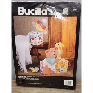 Vtg BUCILLA Plastic Canvas Cross Stitch Kit Baby Bank & Doorstop Or Basket